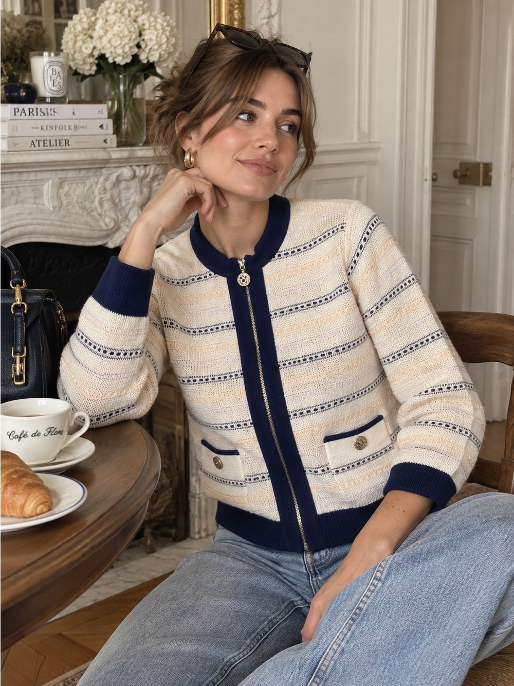 Olivia Lauren Knit Cardigan Cream Navy Medium Preppy Quiet Luxury Zip Sweater
